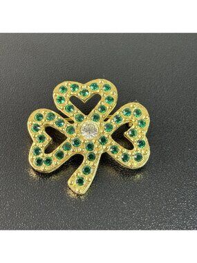 Vintage Gold Tine Shamrock Three Leaf Clover Brooch Pin Green Rhinestones 1.25"